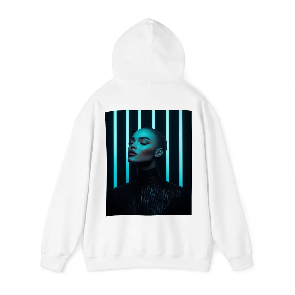 Woman Portrait Teal Neon Lights Dark Background – Hoodies