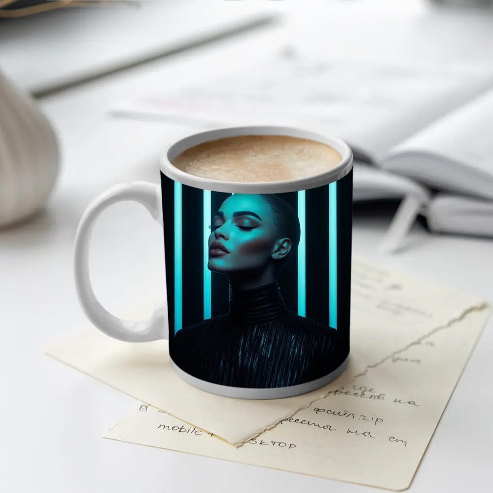 Woman Portrait Teal Neon Lights Dark Background – Mugs