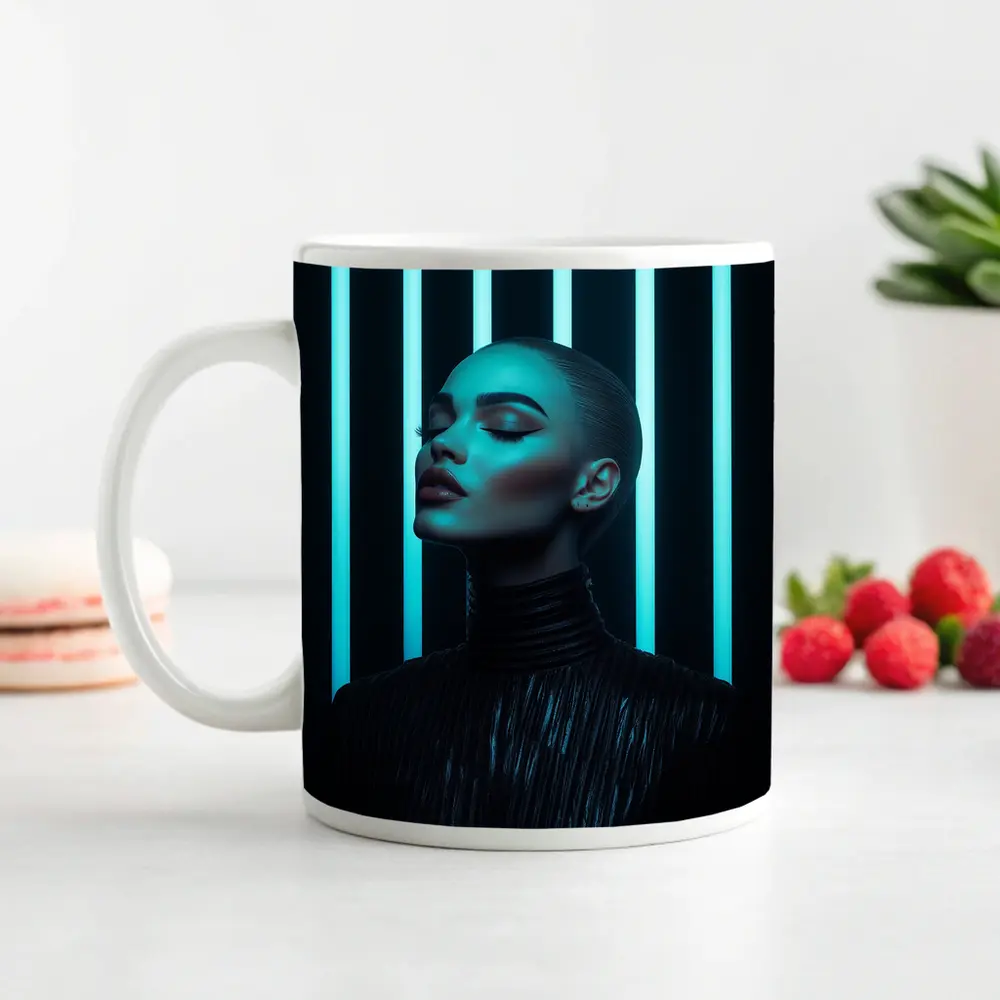 Woman Portrait Teal Neon Lights Dark Background – Mugs