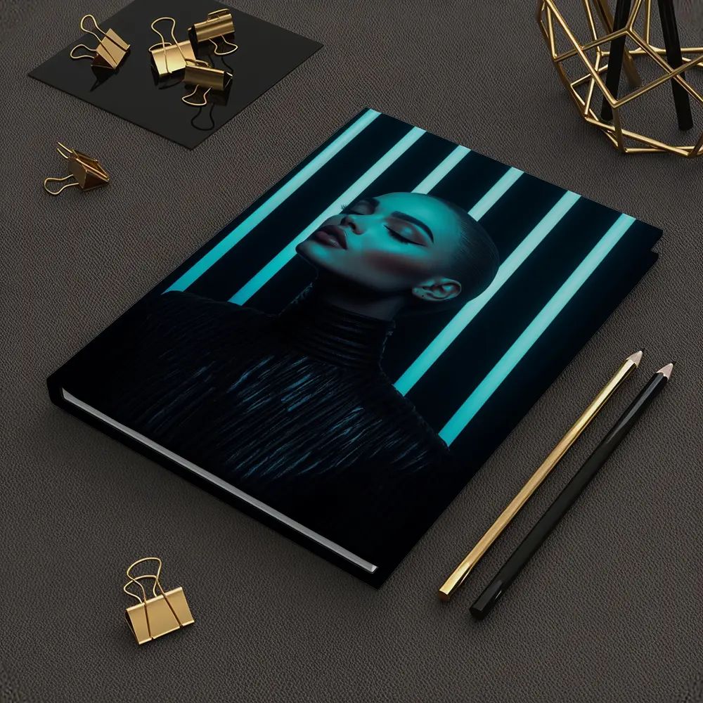 Woman Portrait Teal Neon Lights Dark Background – Notebooks
