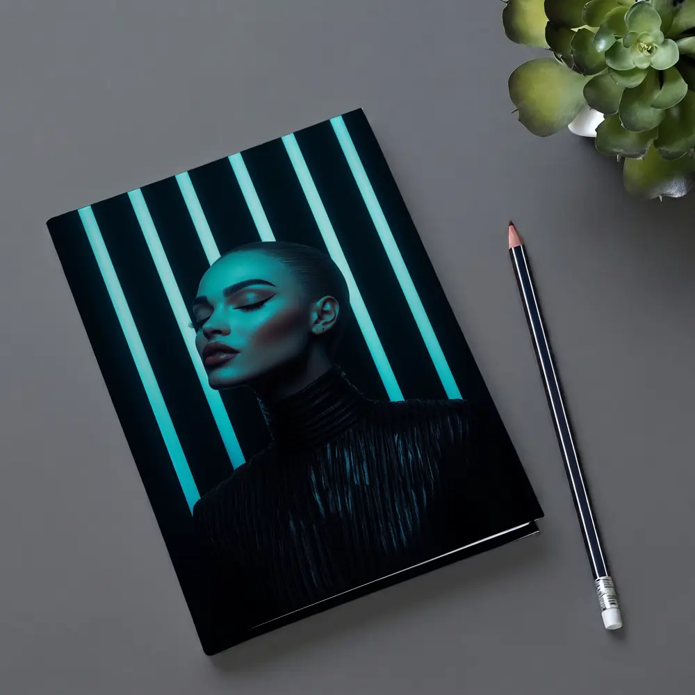 Woman Portrait Teal Neon Lights Dark Background – Notebooks