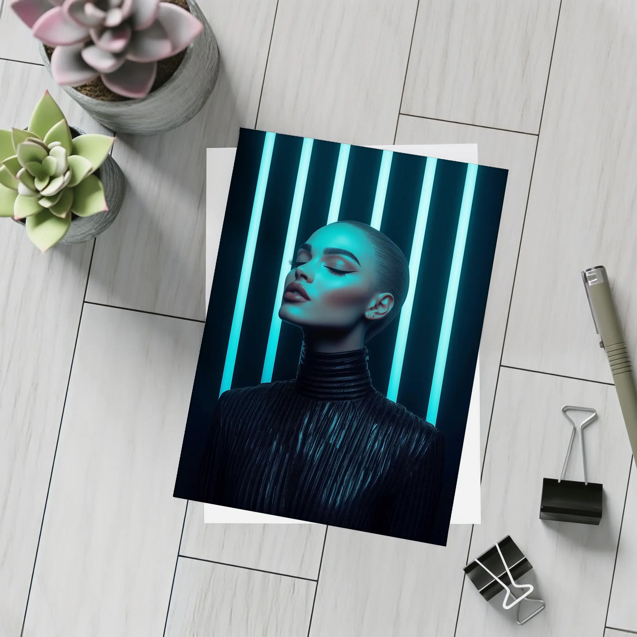 Woman Portrait Teal Neon Lights Dark Background – Postcards