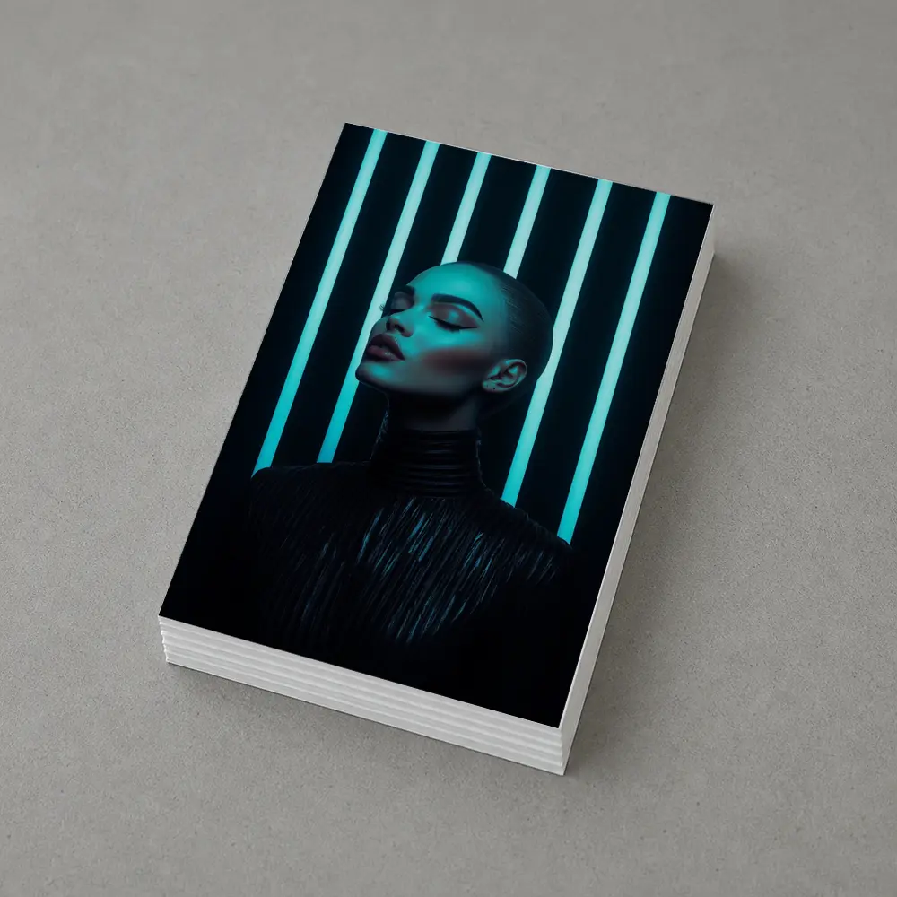 Woman Portrait Teal Neon Lights Dark Background – Postcards