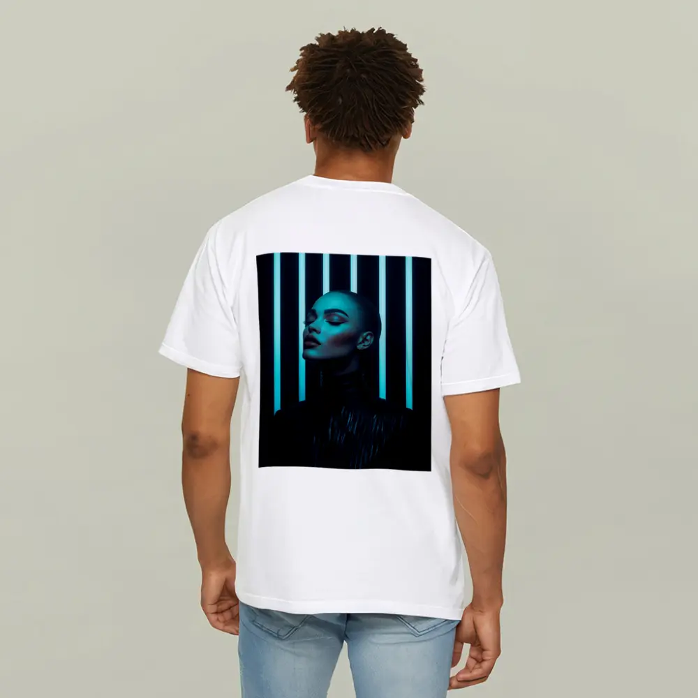 Woman Portrait Teal Neon Lights Dark Background – T-Shirts