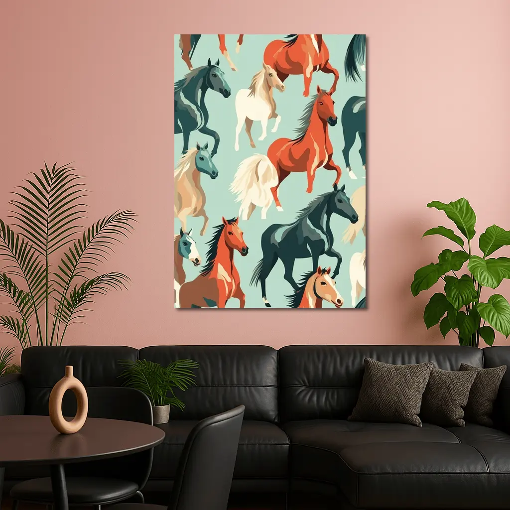 Colorful Horses Pattern on Teal Background – Wall Art