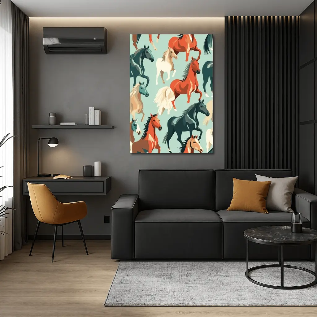 Colorful Horses Pattern on Teal Background – Wall Art