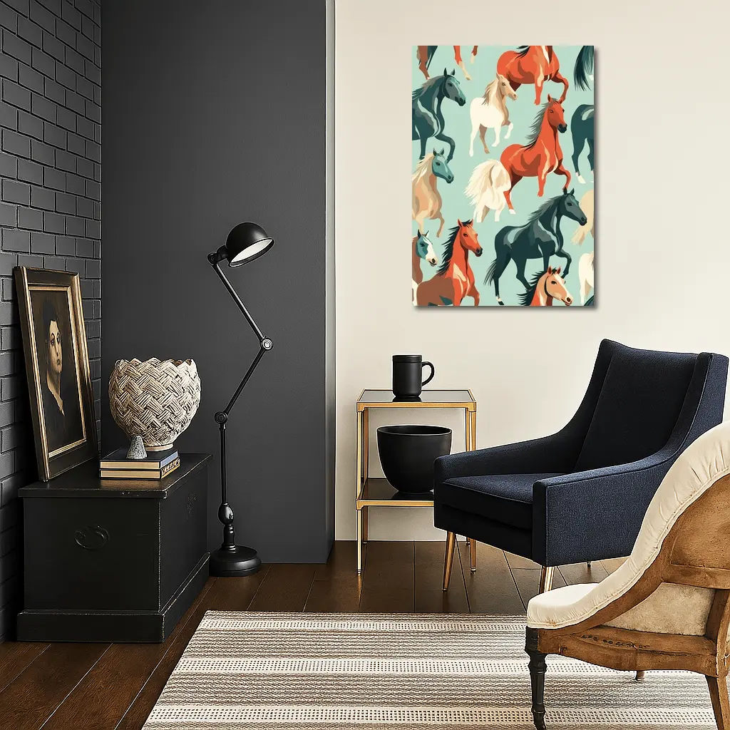Colorful Horses Pattern on Teal Background – Wall Art