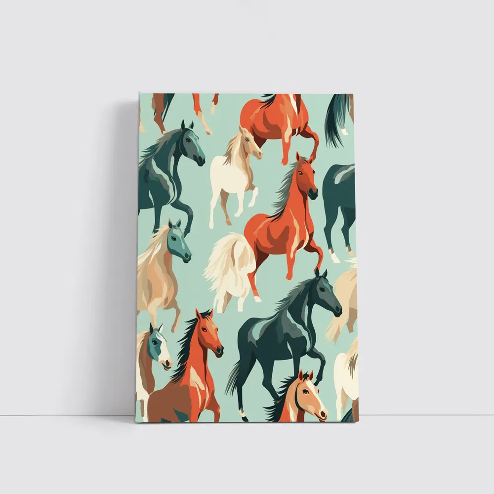 Colorful Horses Pattern on Teal Background – Wall Art
