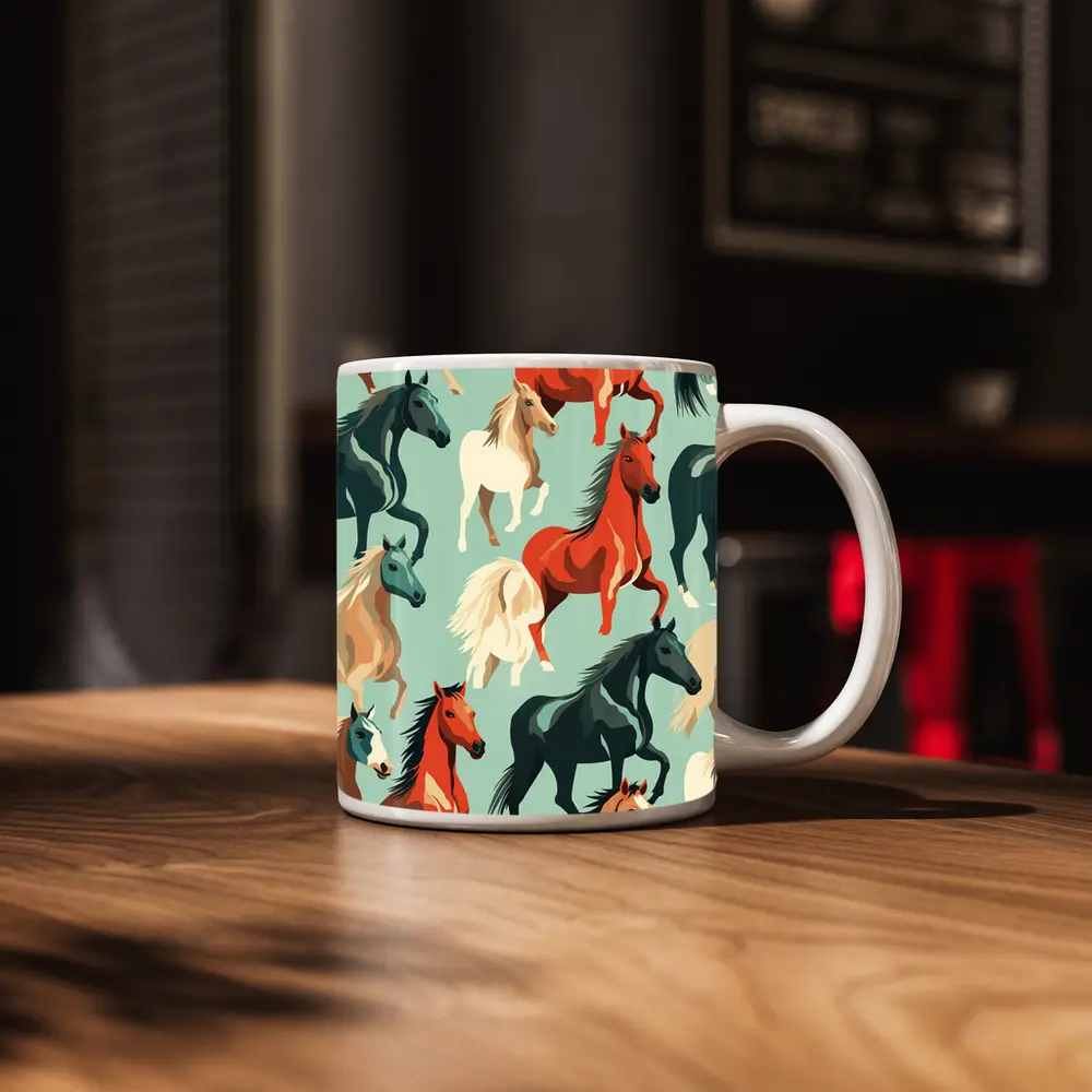 Colorful Horses Pattern on Teal Background – Mugs
