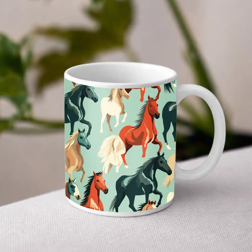 Colorful Horses Pattern on Teal Background – Mugs