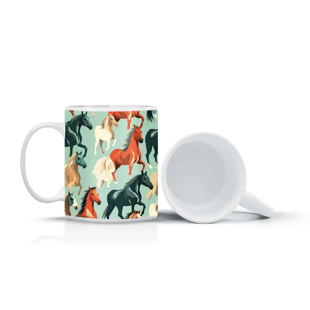 Colorful Horses Pattern on Teal Background – Mugs