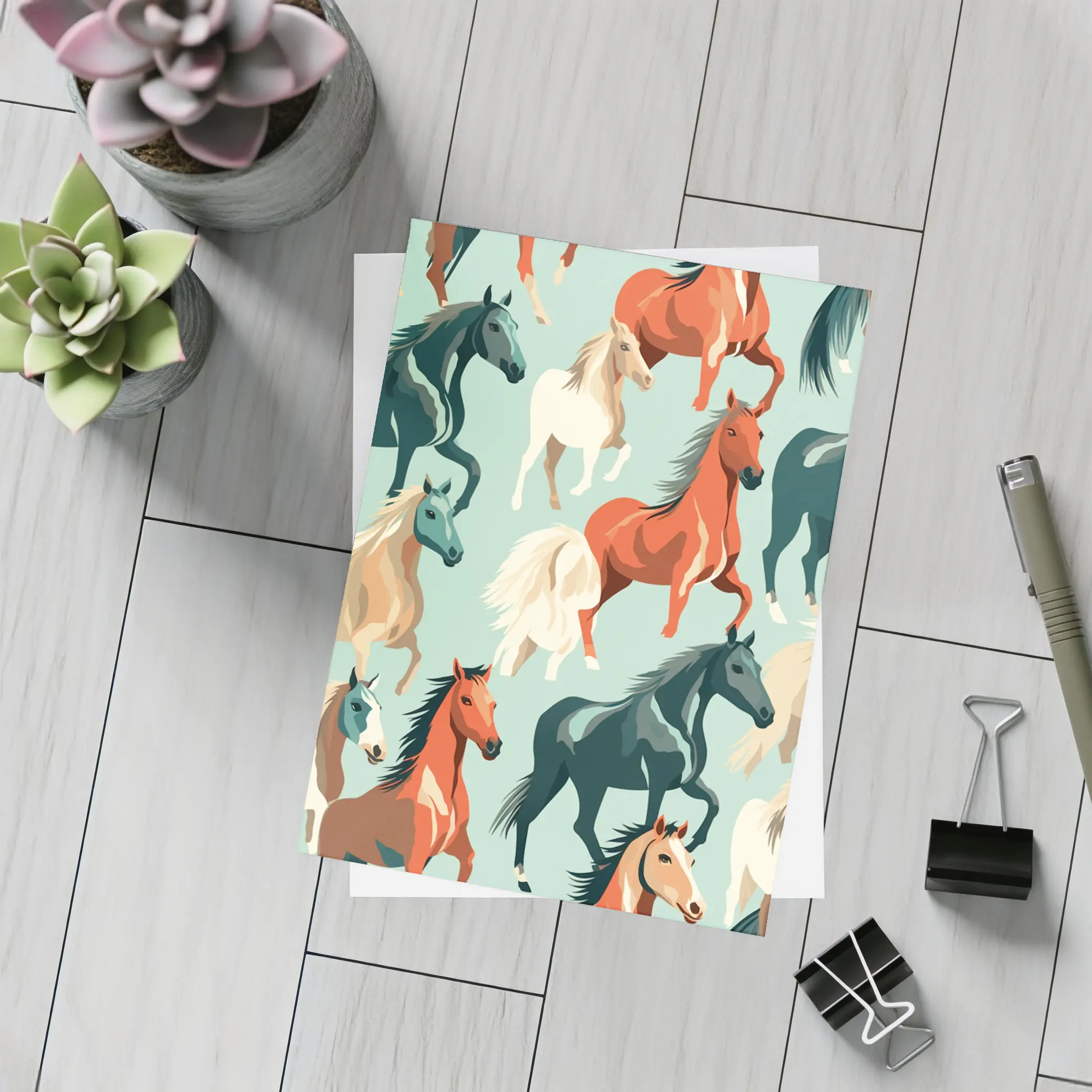 Colorful Horses Pattern on Teal Background – Postcards