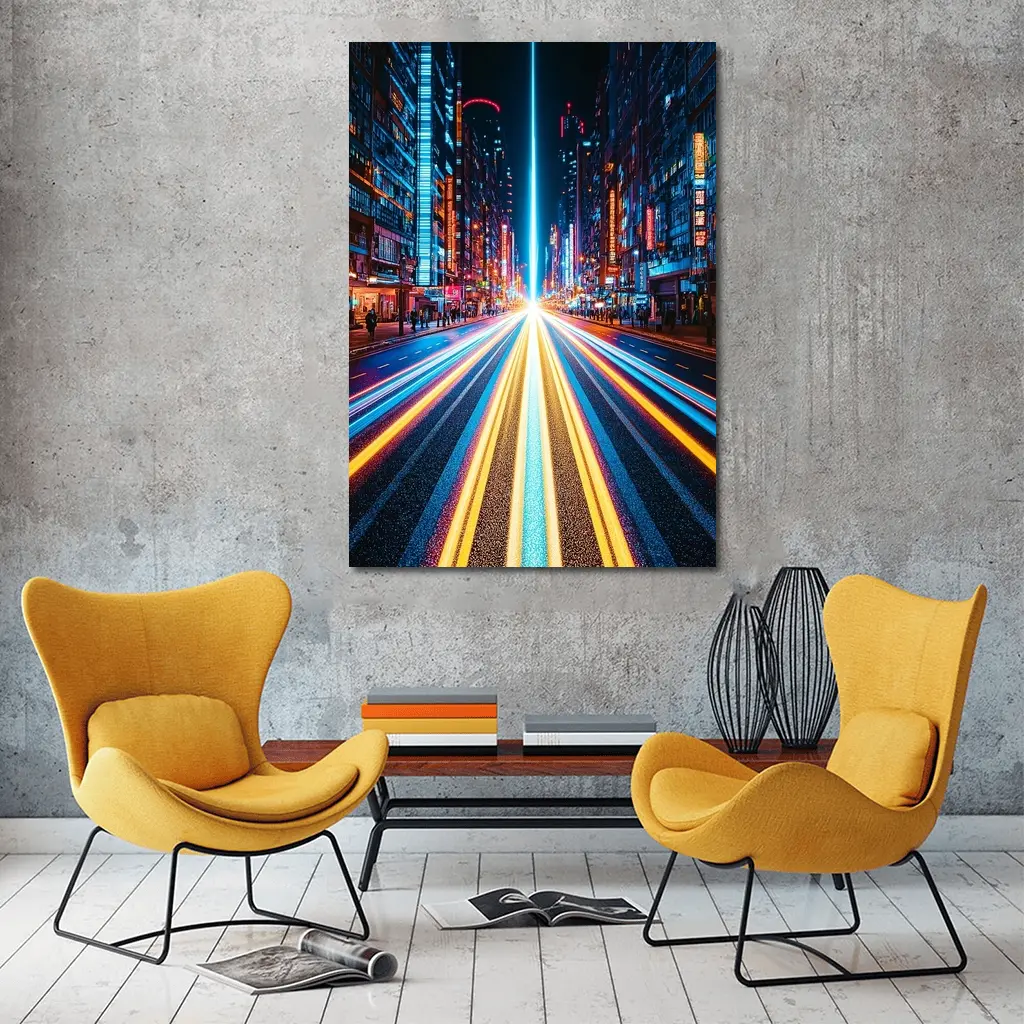 Neon City Street Long Exposure Night – Wall Art