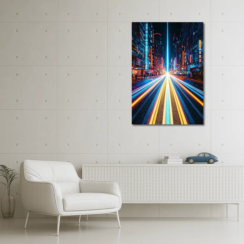 Neon City Street Long Exposure Night – Wall Art