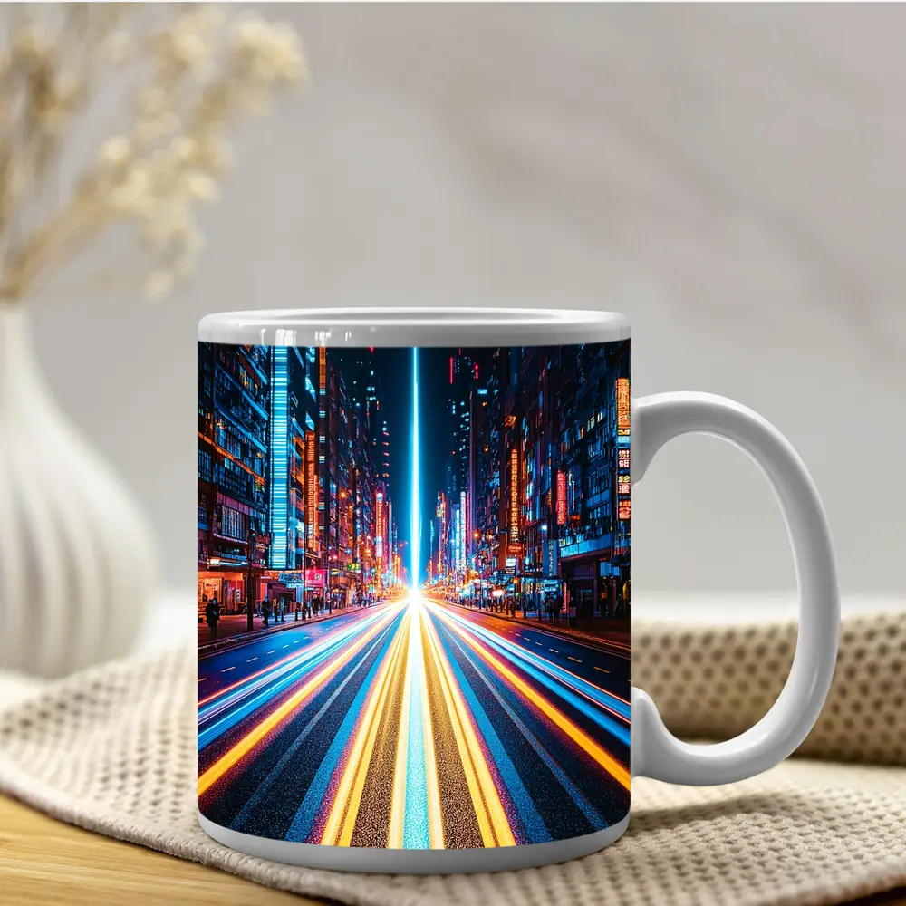 Neon City Street Long Exposure Night – Mugs