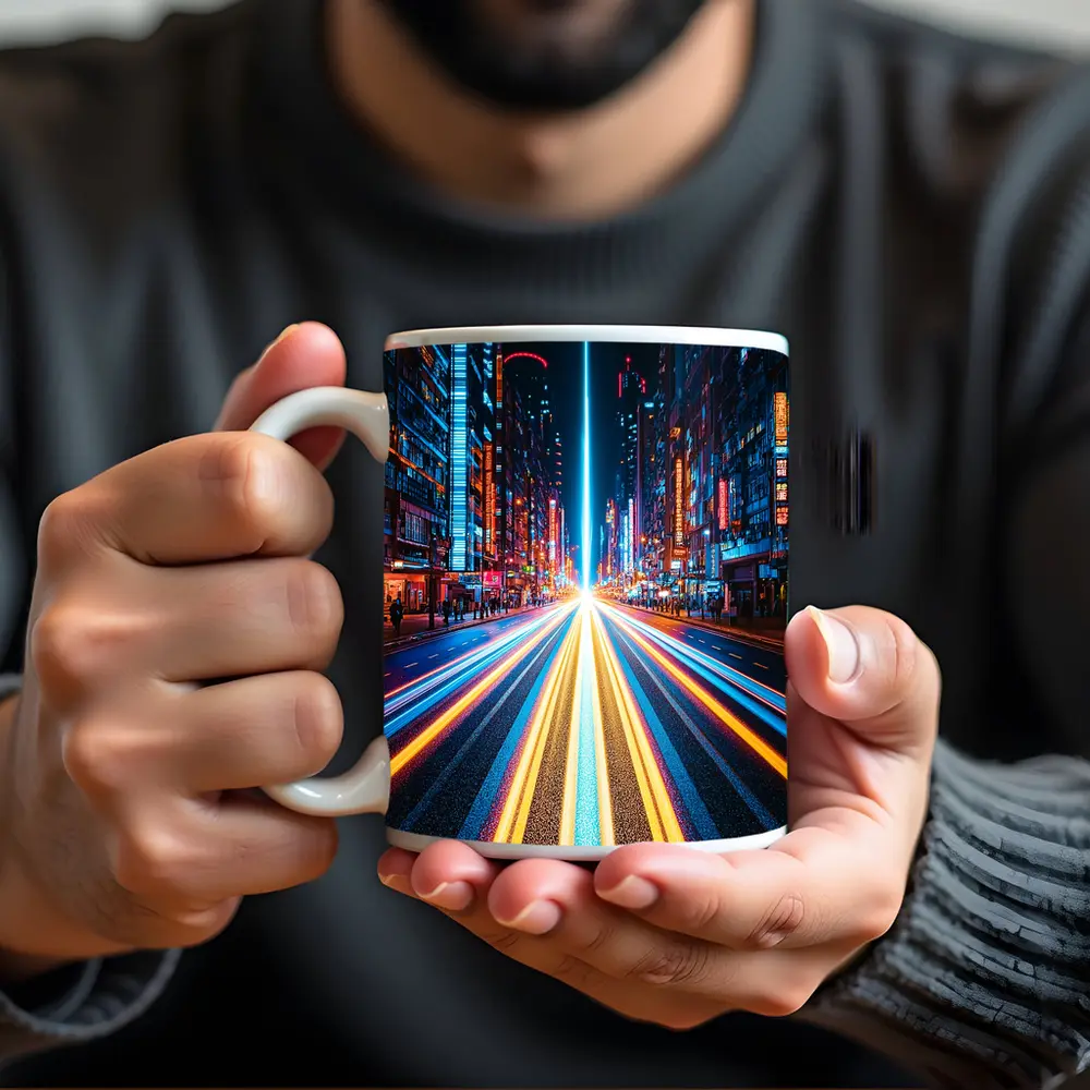 Neon City Street Long Exposure Night – Mugs