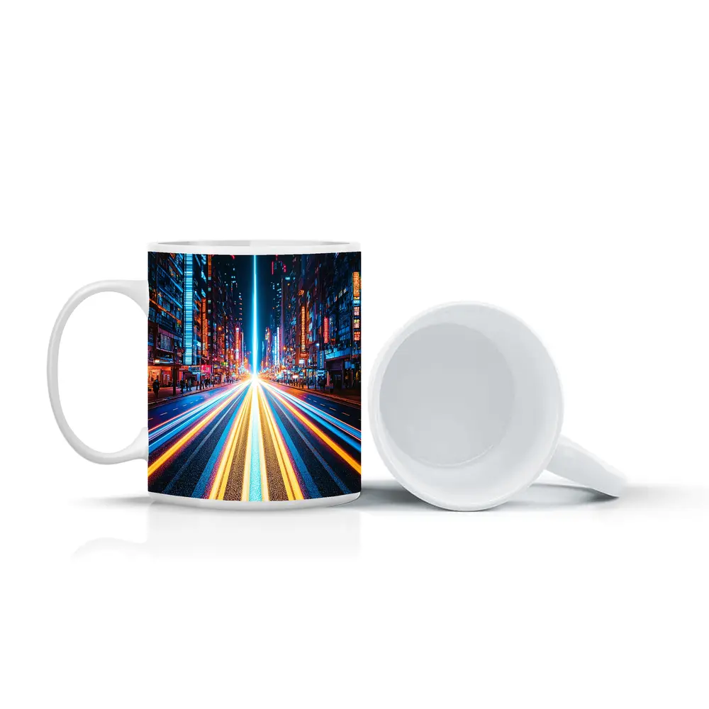 Neon City Street Long Exposure Night – Mugs