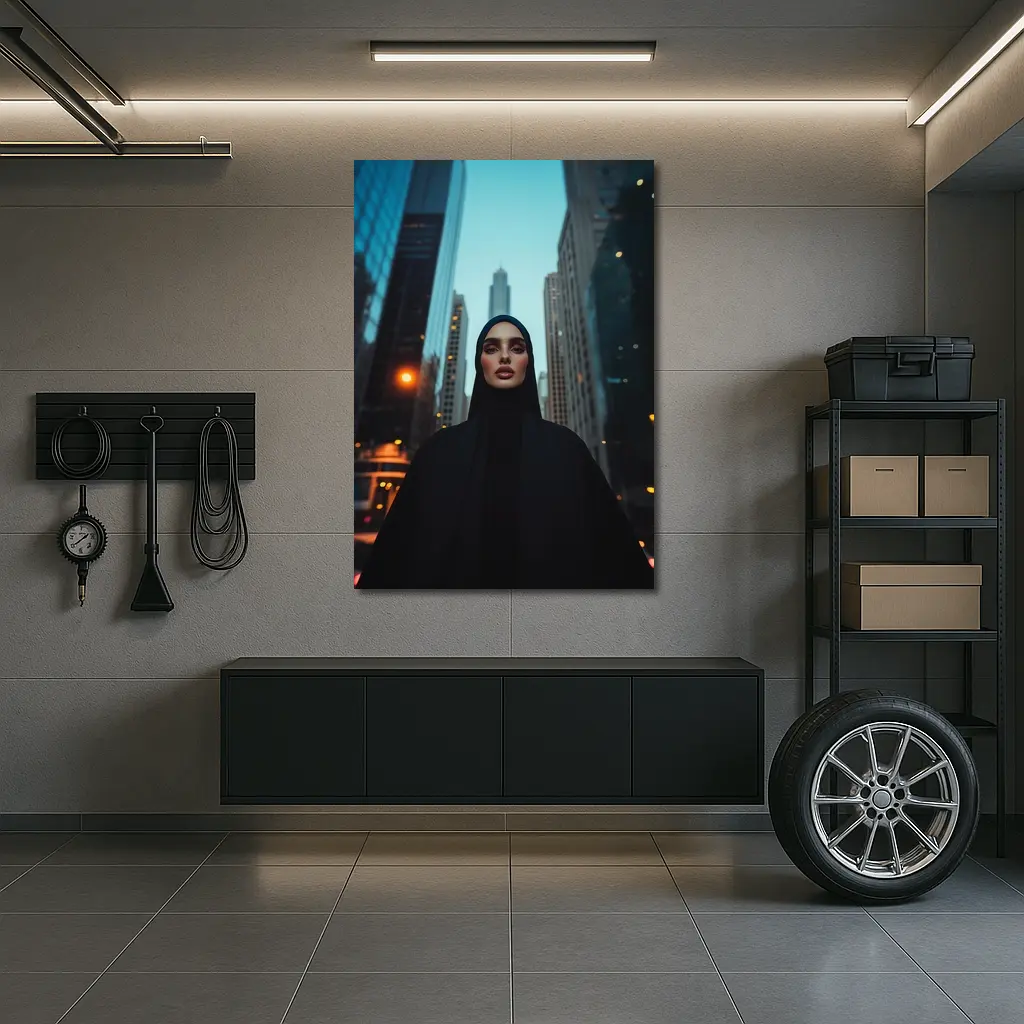 Muslim Woman in Black City Skyline – Wall Art