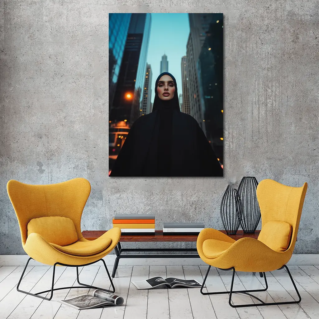 Muslim Woman in Black City Skyline – Wall Art