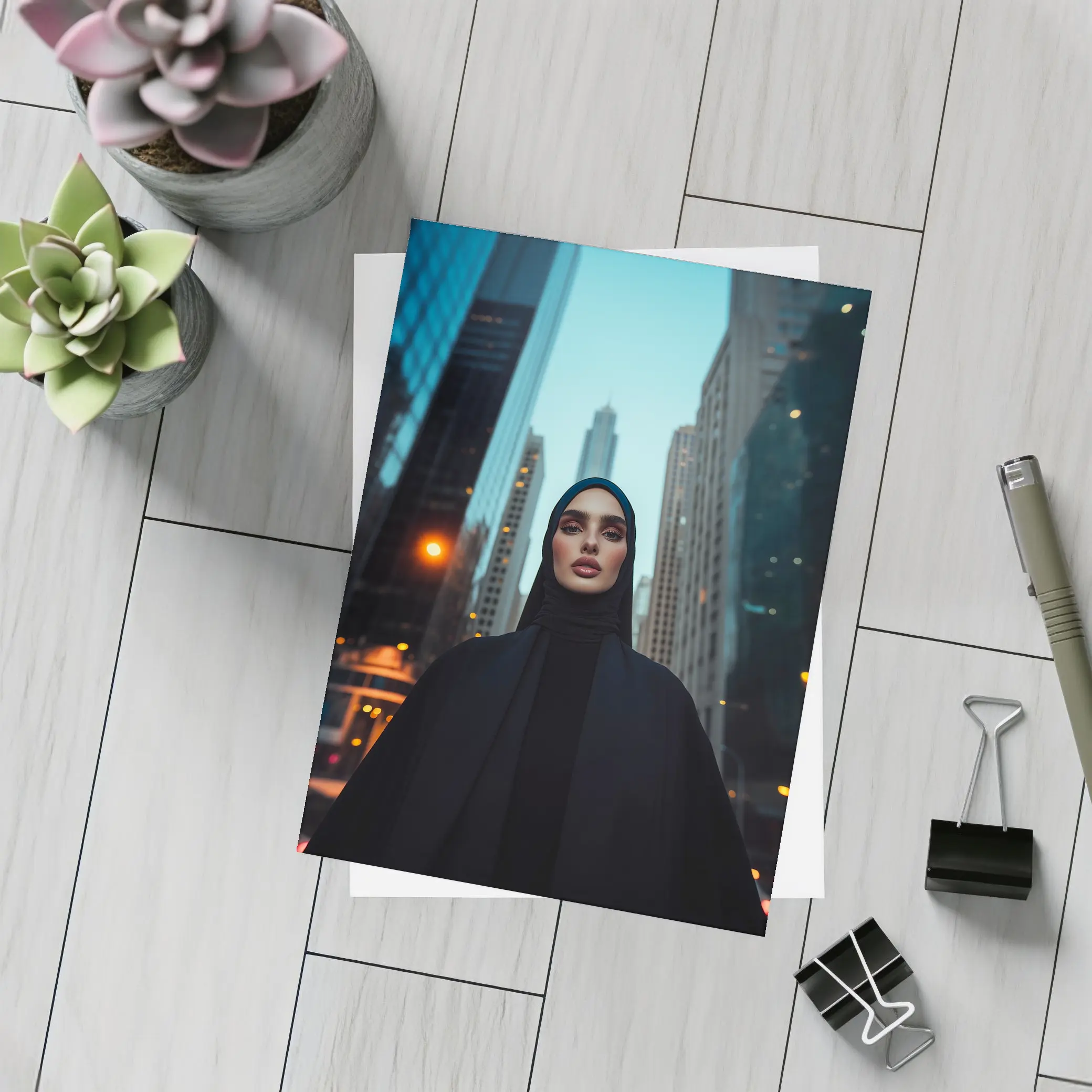 Muslim Woman in Black City Skyline – Postcards
