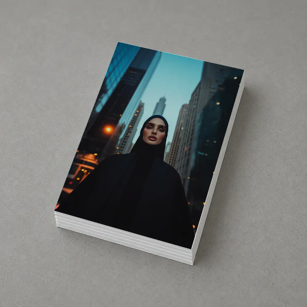Muslim Woman in Black City Skyline – Postcards