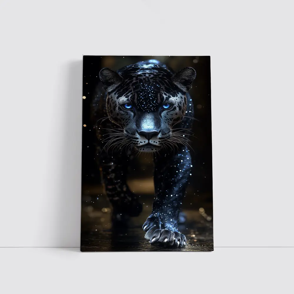 Black Panther Glowing Blue Eyes Dark Background – Wall Art