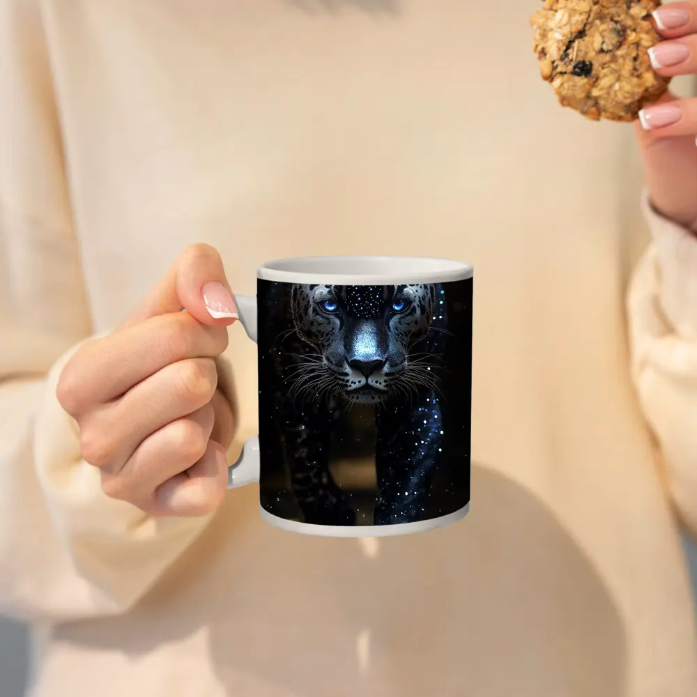 Black Panther Glowing Blue Eyes Dark Background – Mugs