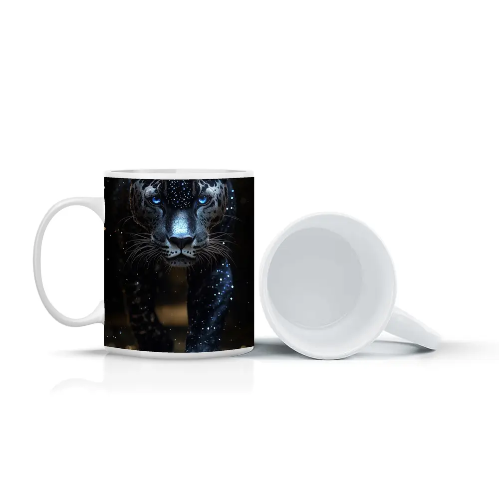 Black Panther Glowing Blue Eyes Dark Background – Mugs
