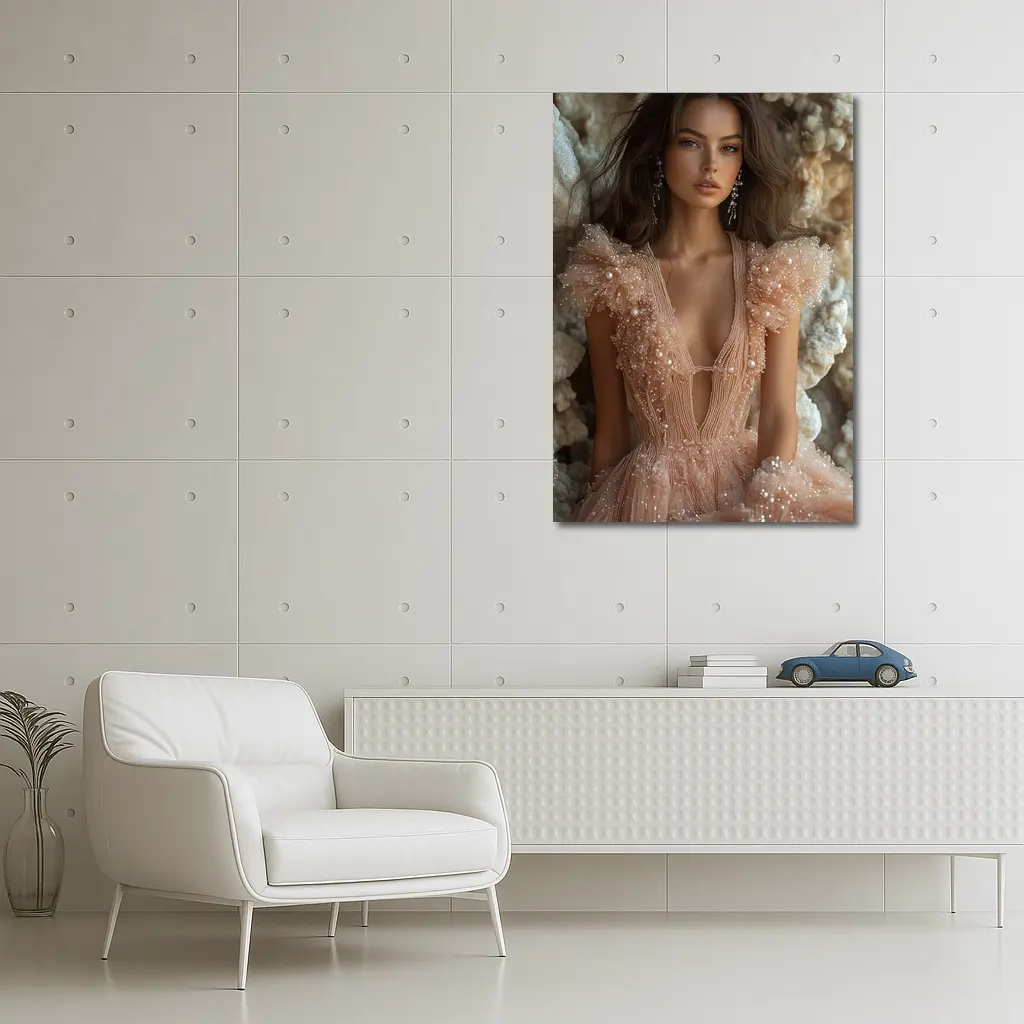Elegant Woman Pearl Tulle Dress Rocky Background – Wall Art