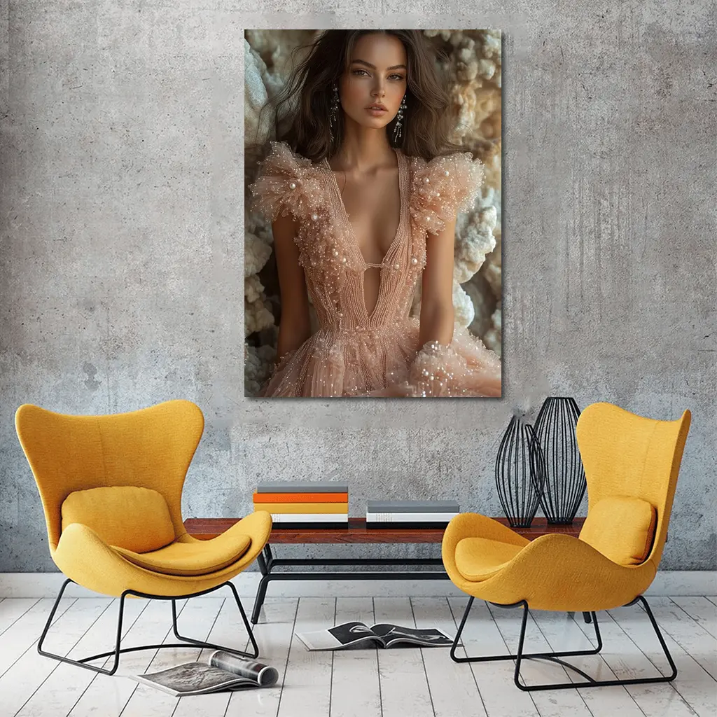 Elegant Woman Pearl Tulle Dress Rocky Background – Wall Art