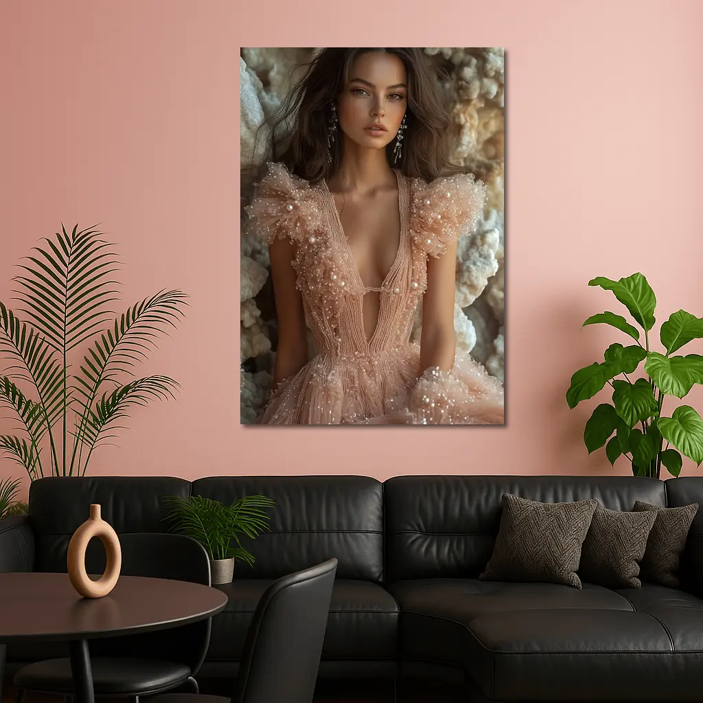 Elegant Woman Pearl Tulle Dress Rocky Background – Wall Art