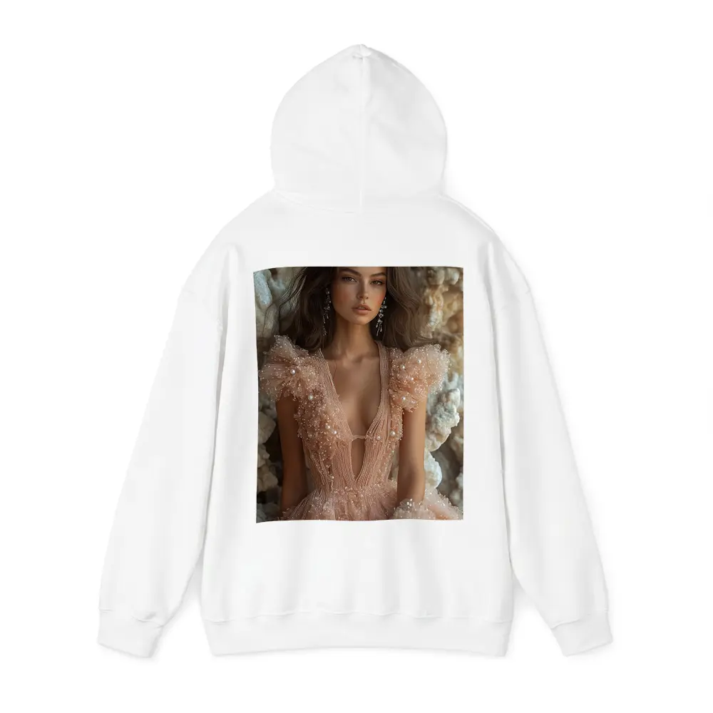 Elegant Woman Pearl Tulle Dress Rocky Background – Hoodies