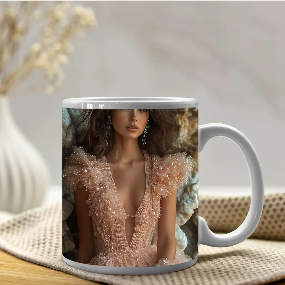 Elegant Woman Pearl Tulle Dress Rocky Background – Mugs