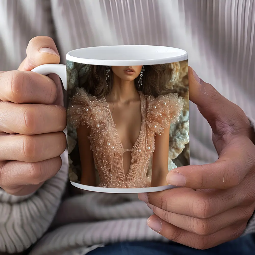 Elegant Woman Pearl Tulle Dress Rocky Background – Mugs
