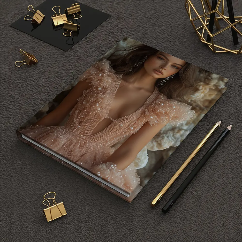 Elegant Woman Pearl Tulle Dress Rocky Background – Notebooks