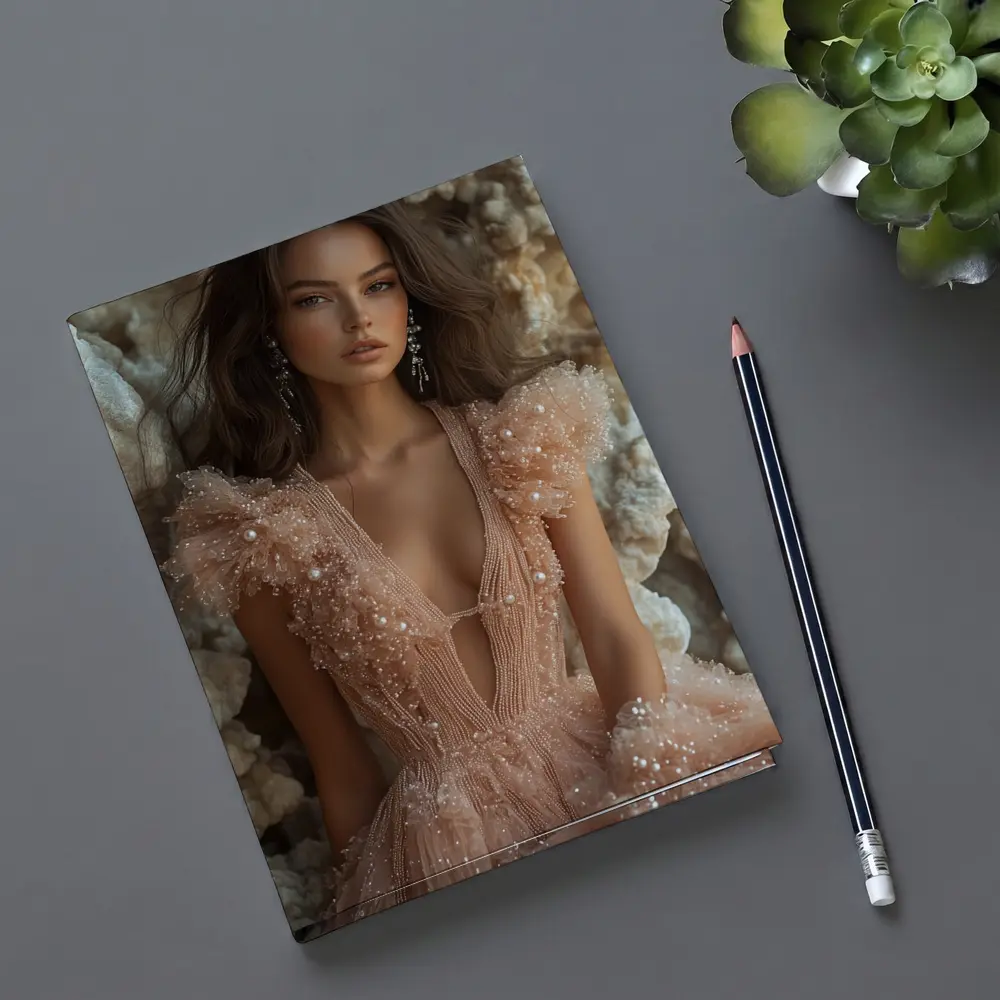 Elegant Woman Pearl Tulle Dress Rocky Background – Notebooks