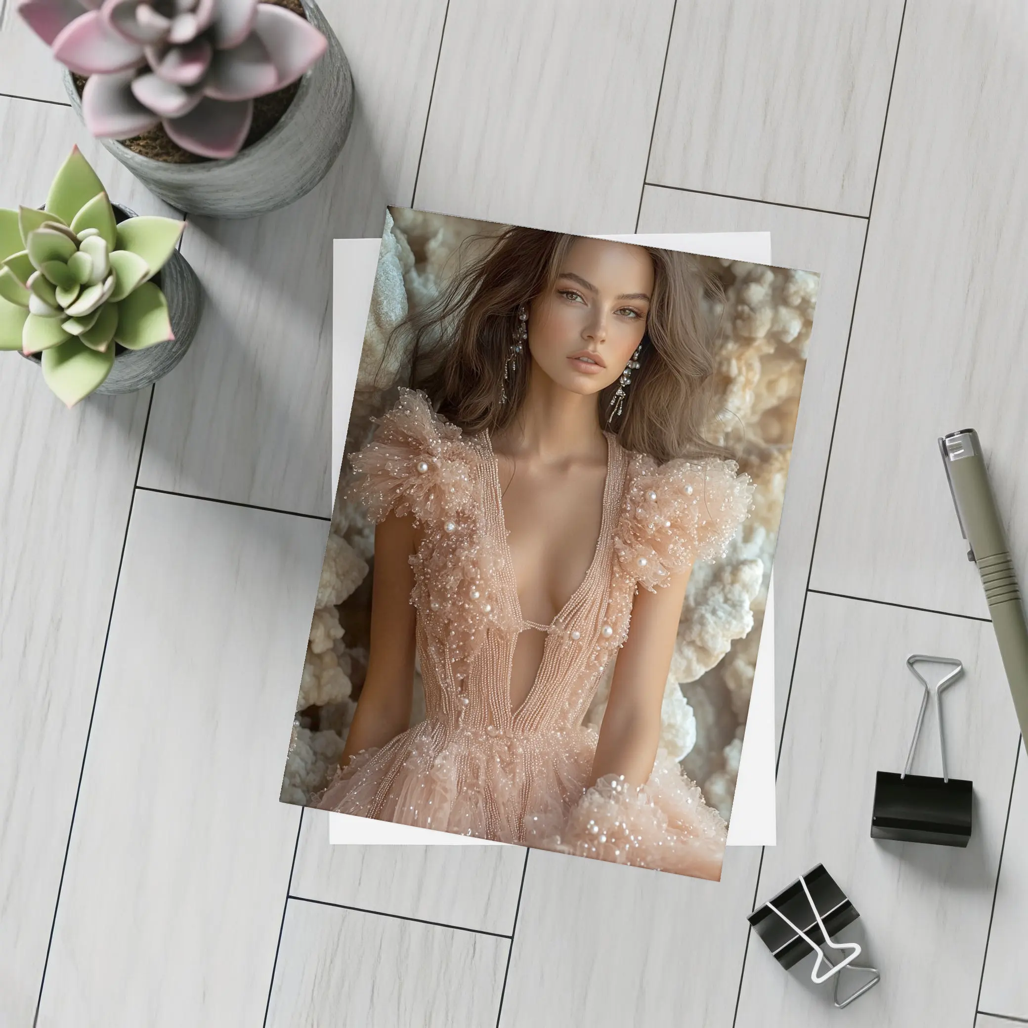 Elegant Woman Pearl Tulle Dress Rocky Background – Postcards