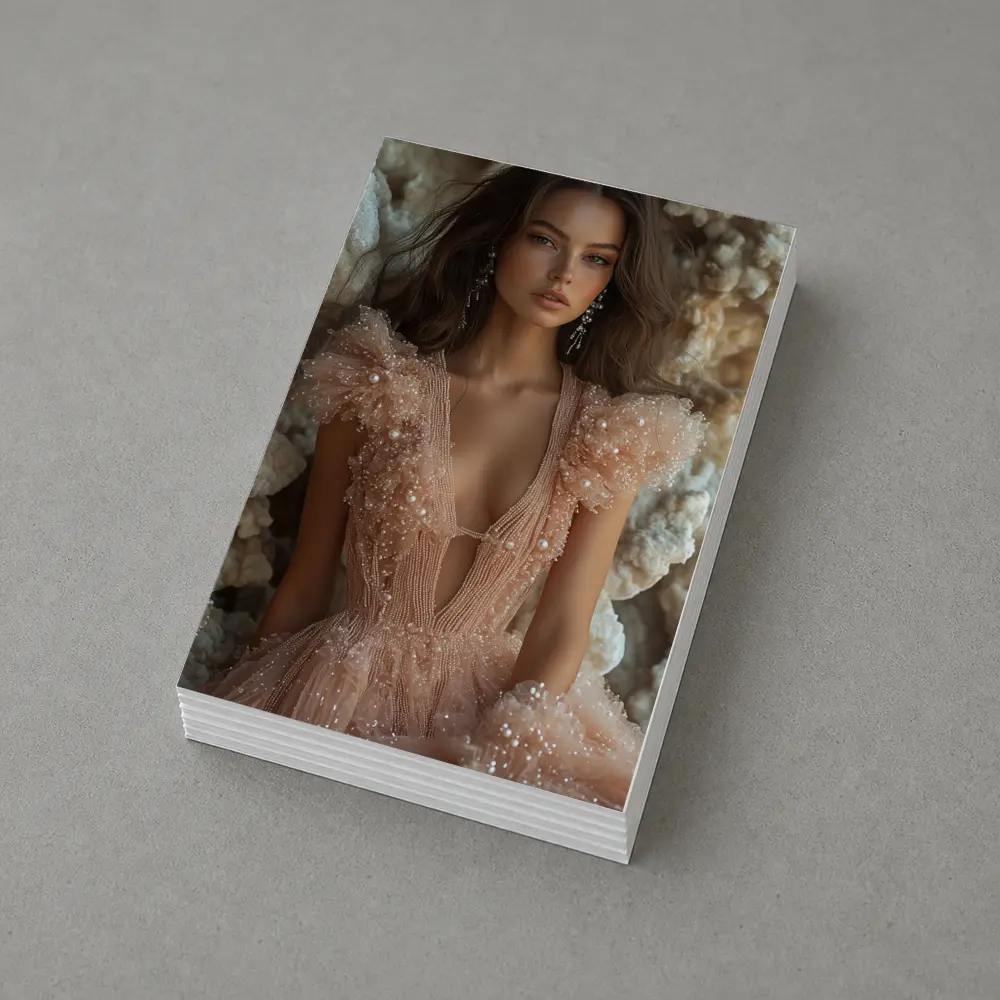 Elegant Woman Pearl Tulle Dress Rocky Background – Postcards