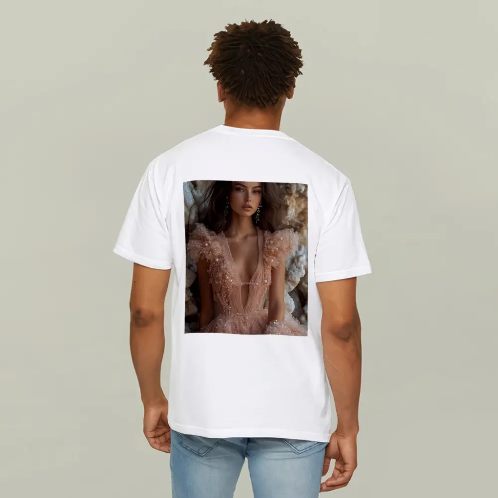 Elegant Woman Pearl Tulle Dress Rocky Background – T-Shirts