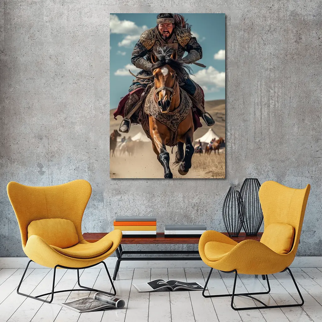 Mongol Warrior Riding Horse Across Dusty Steppe – Wall Art