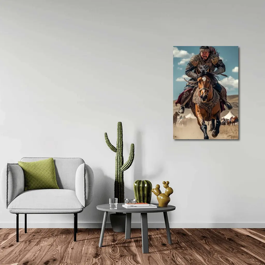Mongol Warrior Riding Horse Across Dusty Steppe – Wall Art