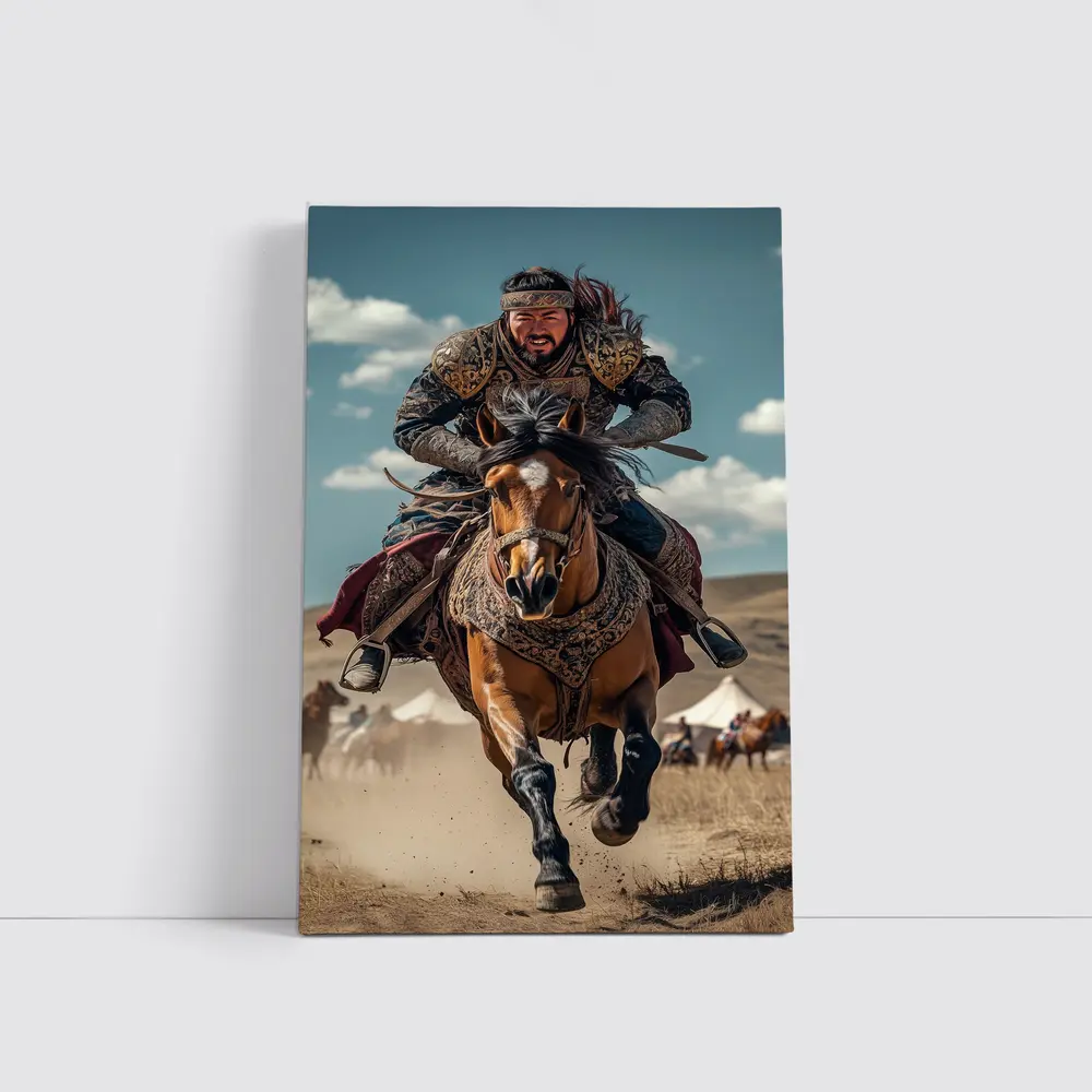 Mongol Warrior Riding Horse Across Dusty Steppe – Wall Art