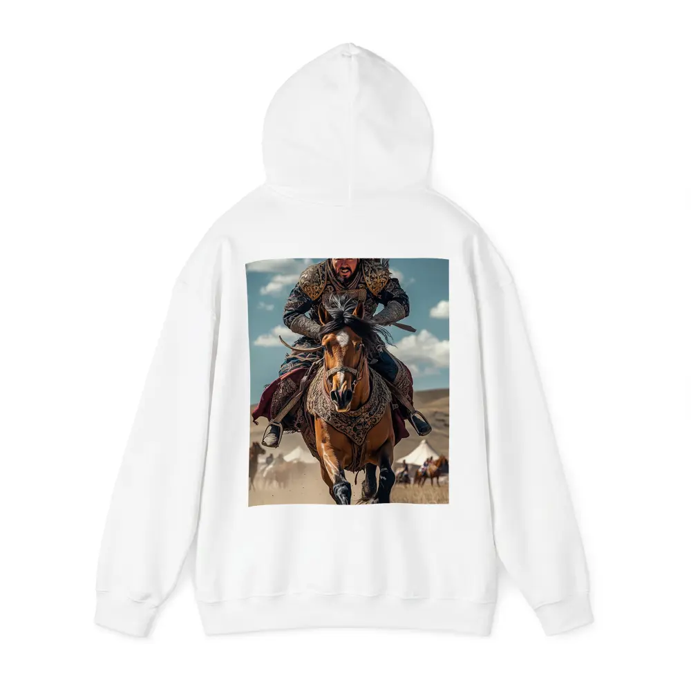 Mongol Warrior Riding Horse Across Dusty Steppe – Hoodies
