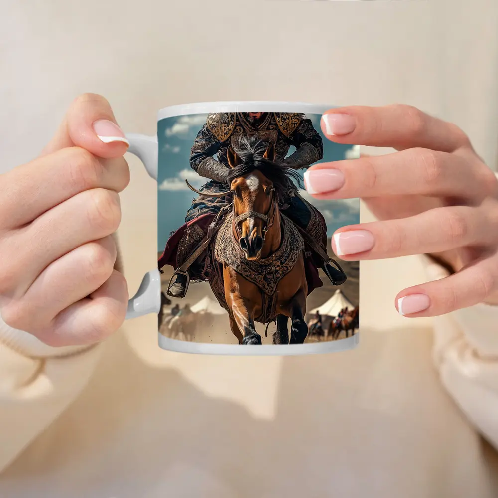 Mongol Warrior Riding Horse Across Dusty Steppe – Mugs