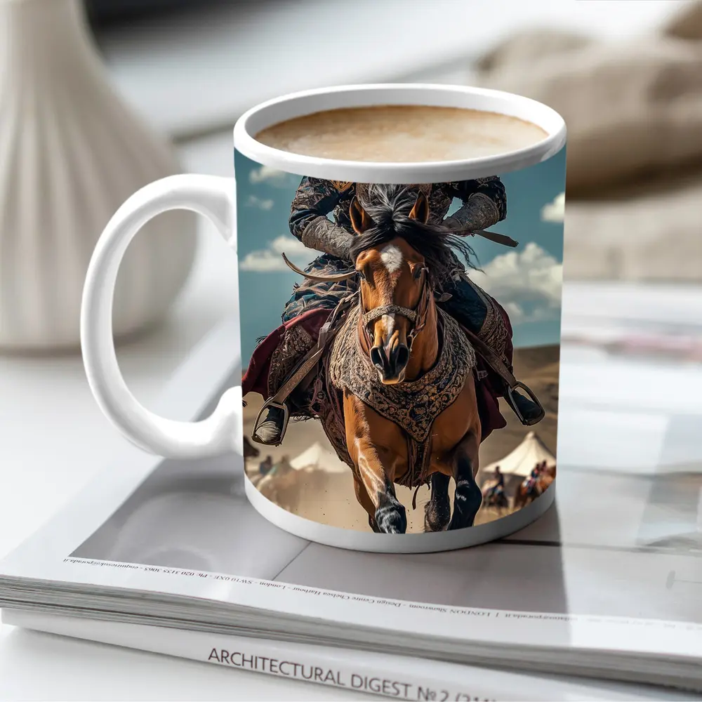Mongol Warrior Riding Horse Across Dusty Steppe – Mugs