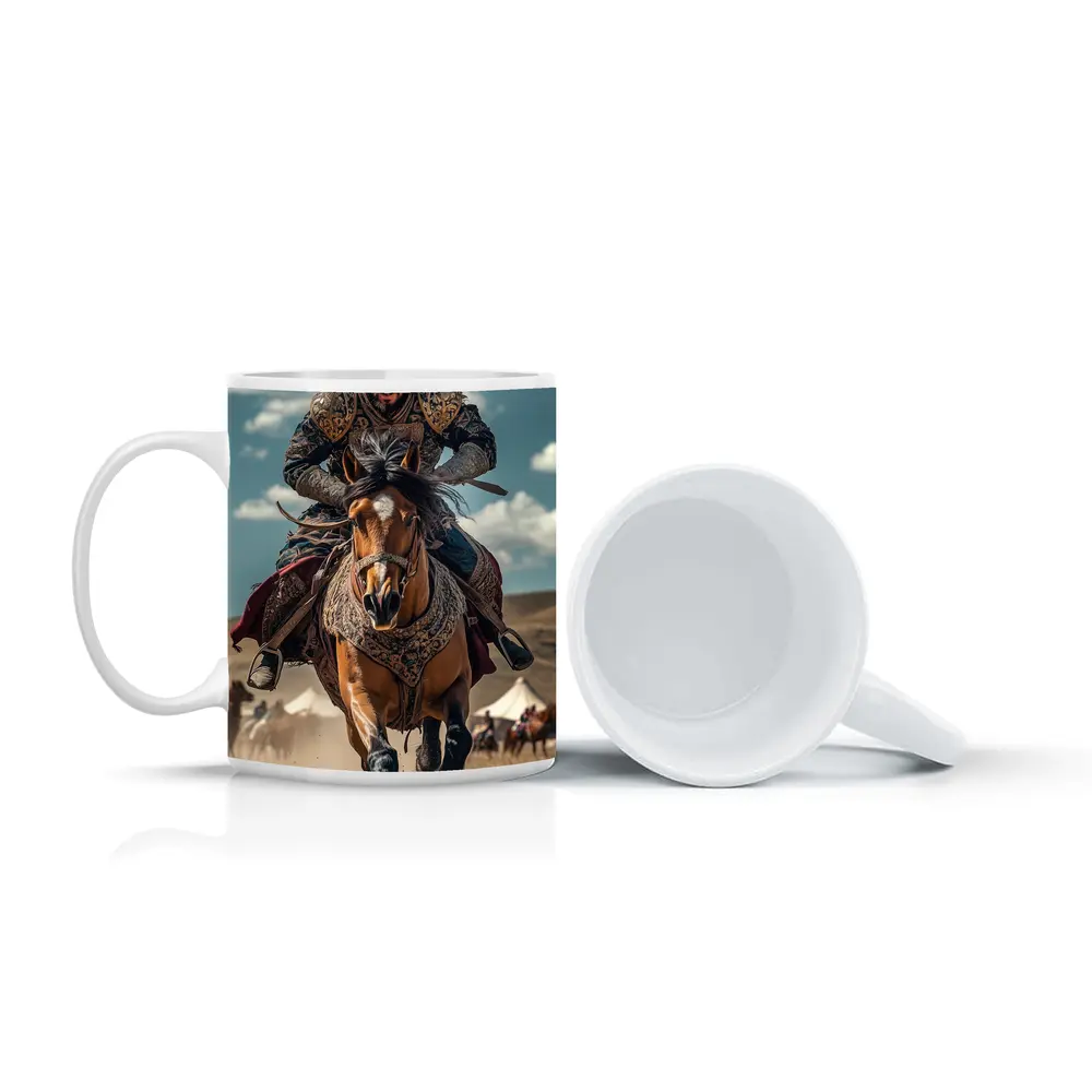 Mongol Warrior Riding Horse Across Dusty Steppe – Mugs