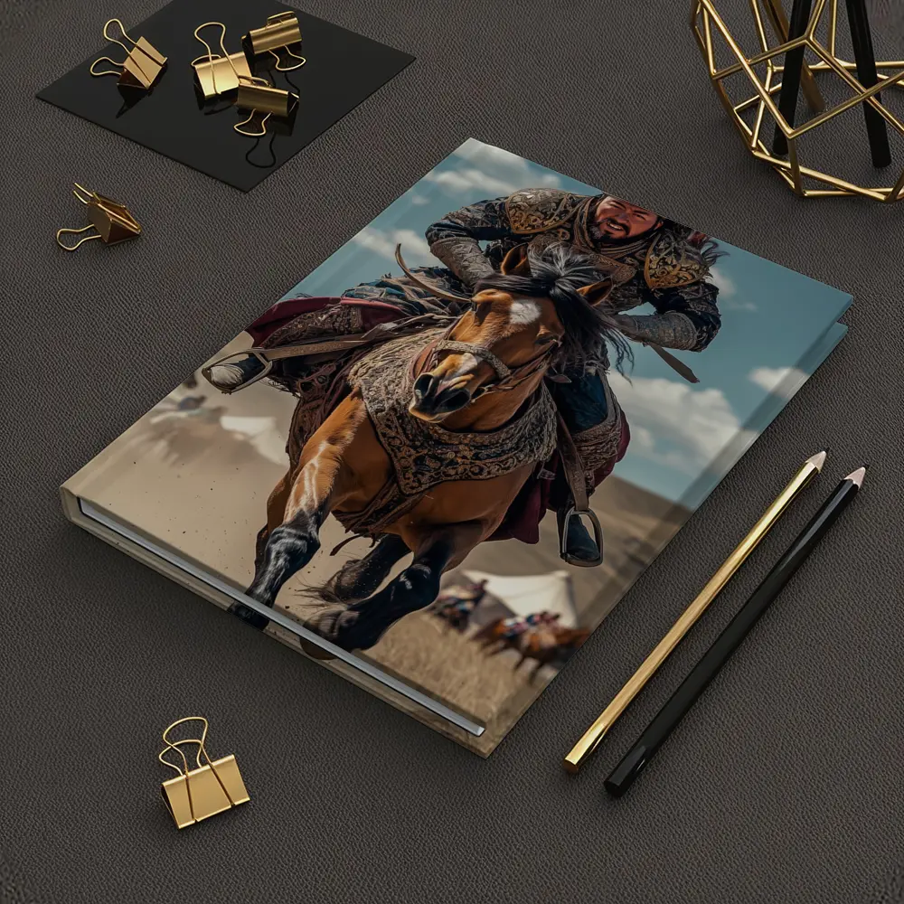 Mongol Warrior Riding Horse Across Dusty Steppe – Notebooks