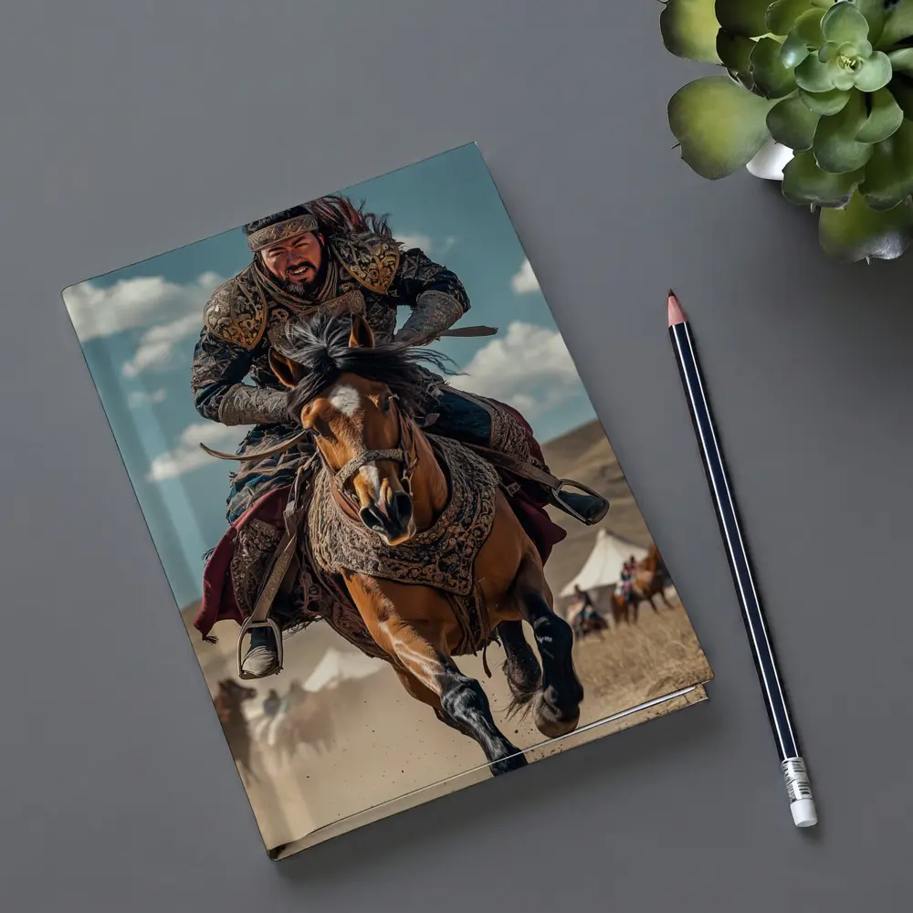 Mongol Warrior Riding Horse Across Dusty Steppe – Notebooks