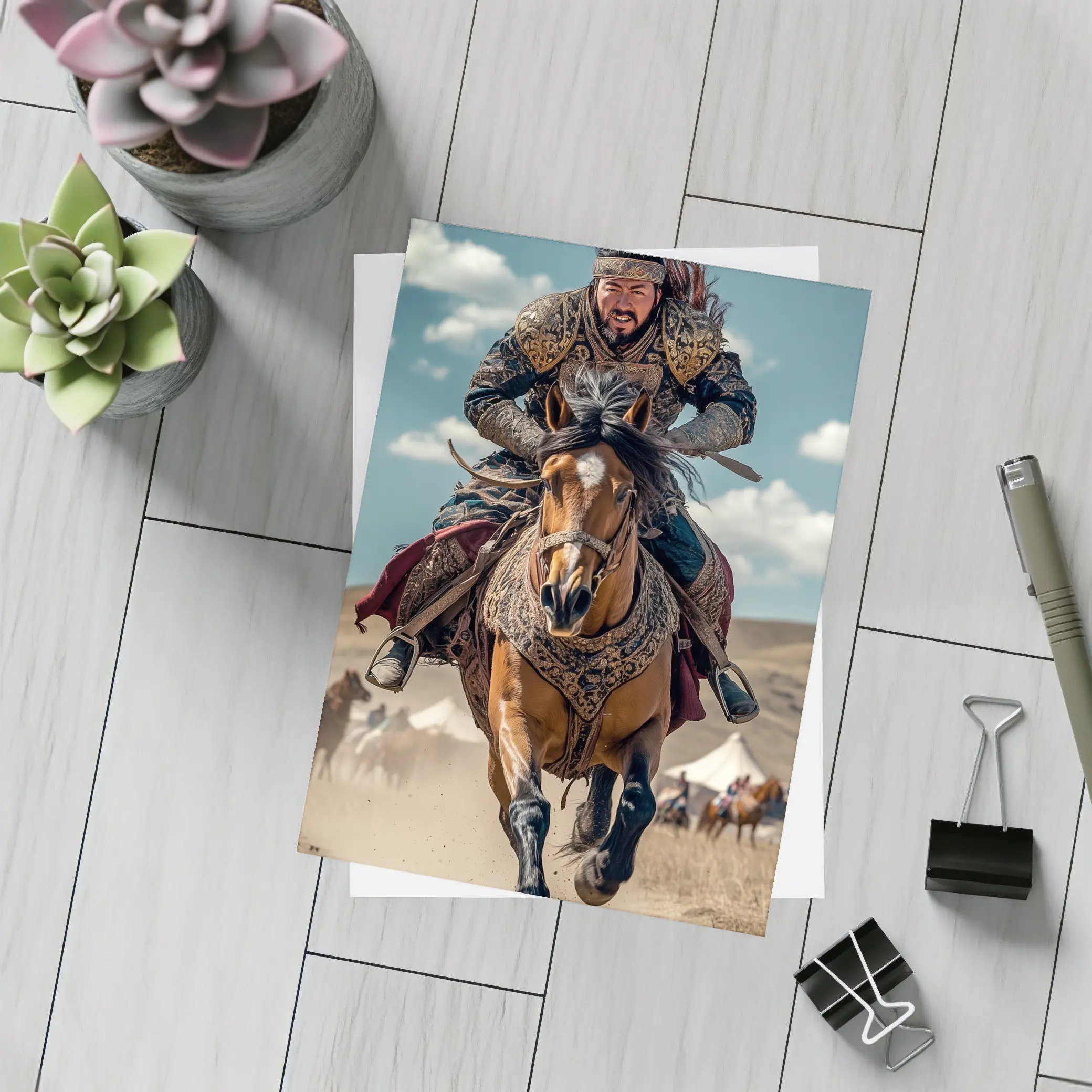 Mongol Warrior Riding Horse Across Dusty Steppe – Postcards