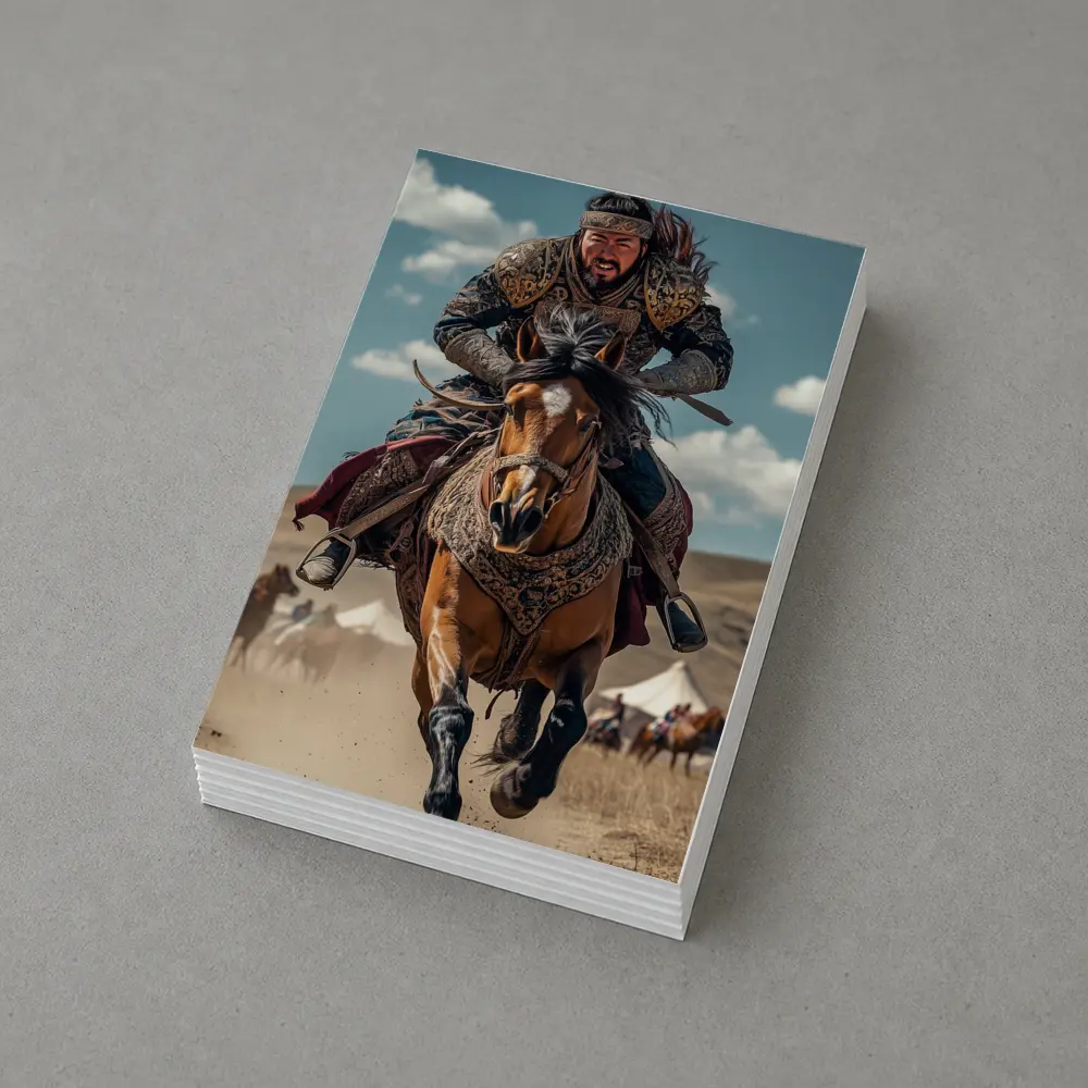 Mongol Warrior Riding Horse Across Dusty Steppe – Postcards